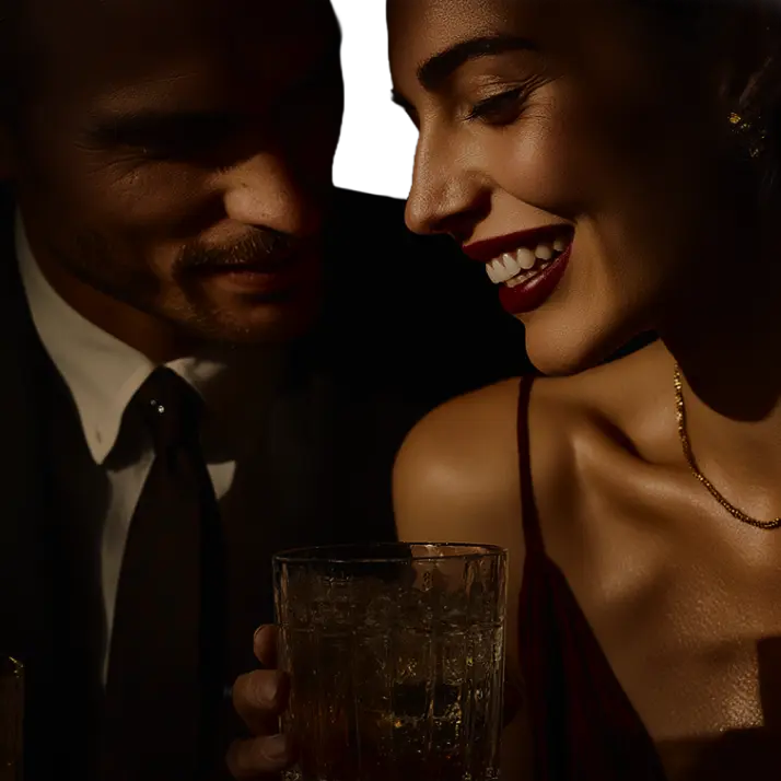 Pareja sonriendo y disfrutando tragos en un ambiente elegante